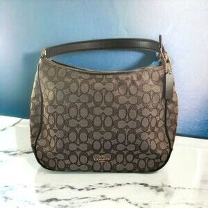 Coach Zip Hobo Purse Shoulder Bag Signature Jacquard Canvas Brown Leather F29959